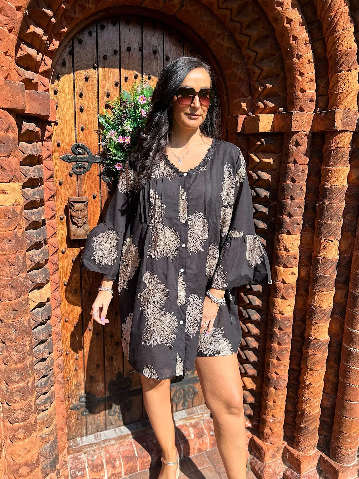 Black Gold Embroidered Shirt Dress Nora