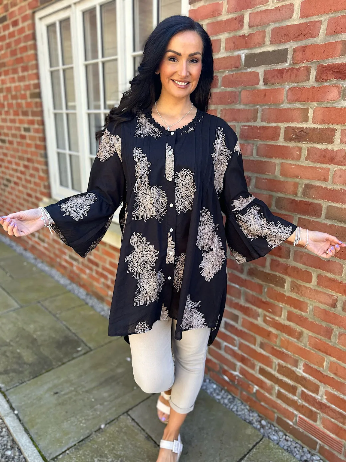 Black Gold Embroidered Shirt Dress Nora
