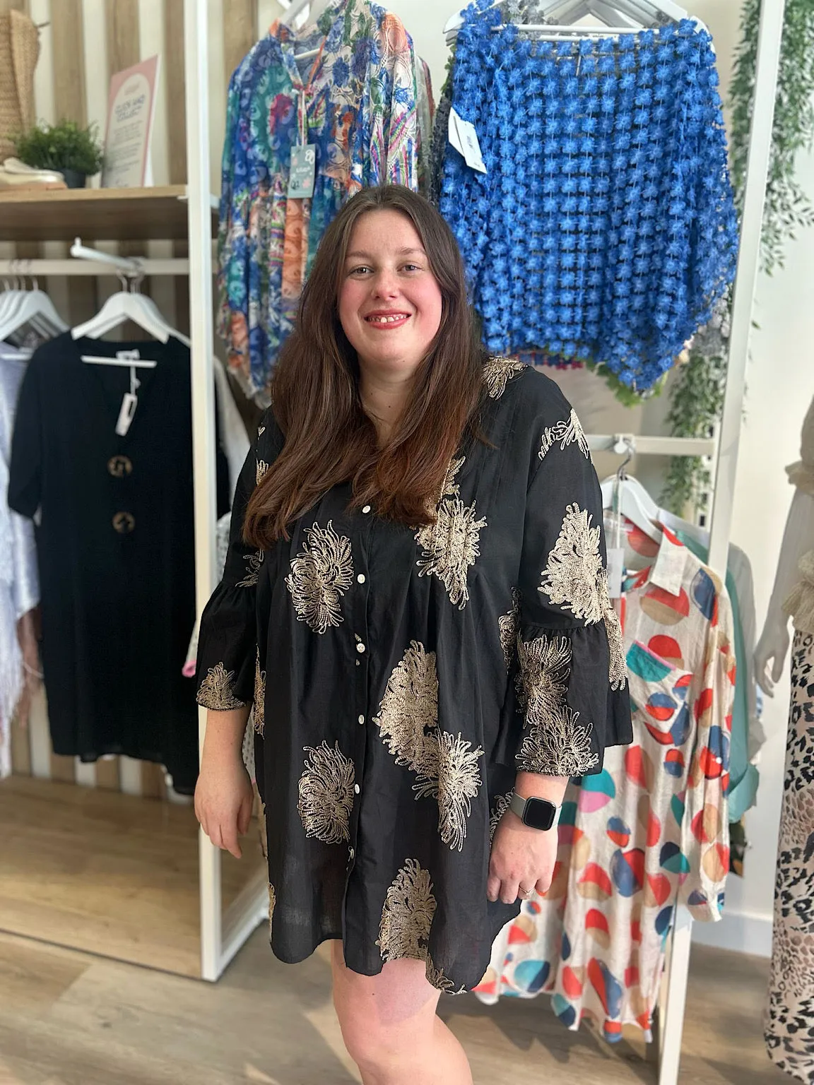 Black Gold Embroidered Shirt Dress Nora
