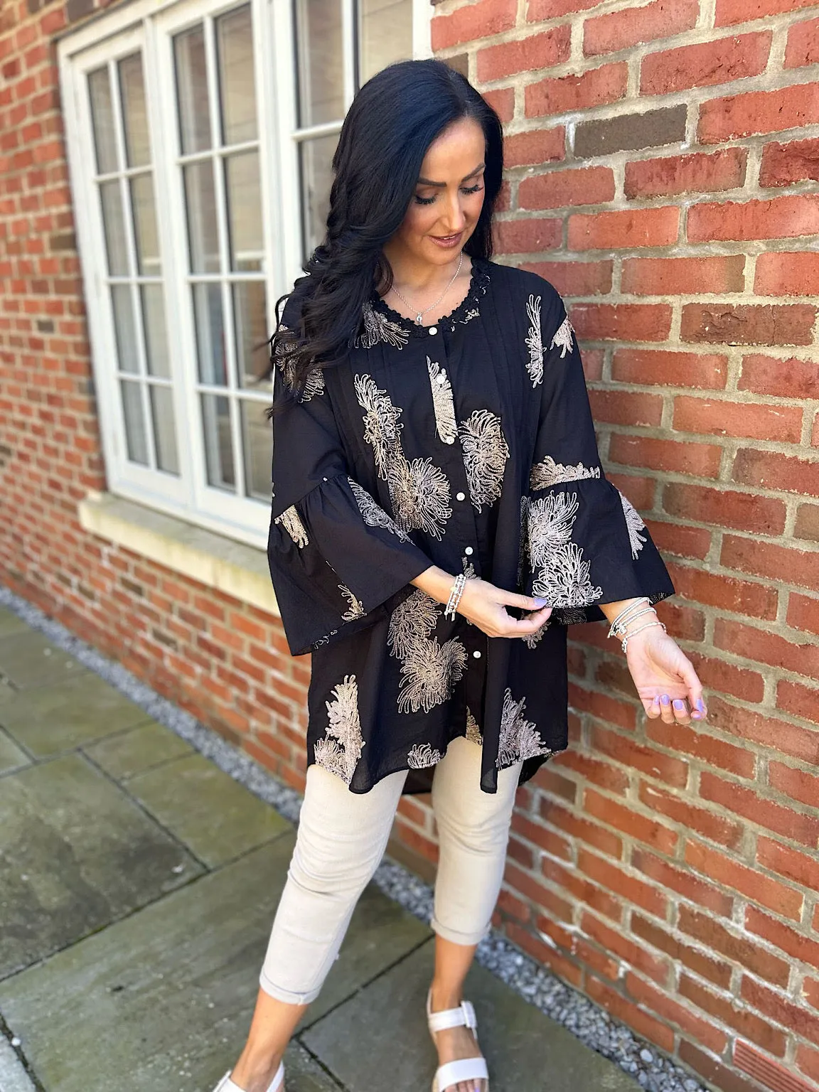 Black Gold Embroidered Shirt Dress Nora