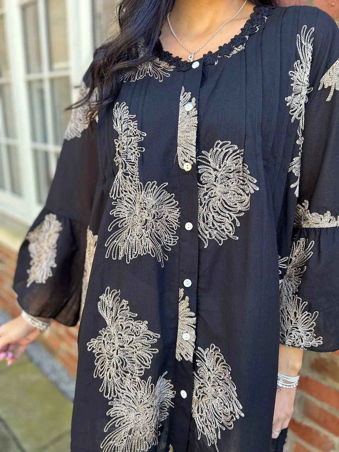 Black Gold Embroidered Shirt Dress Nora