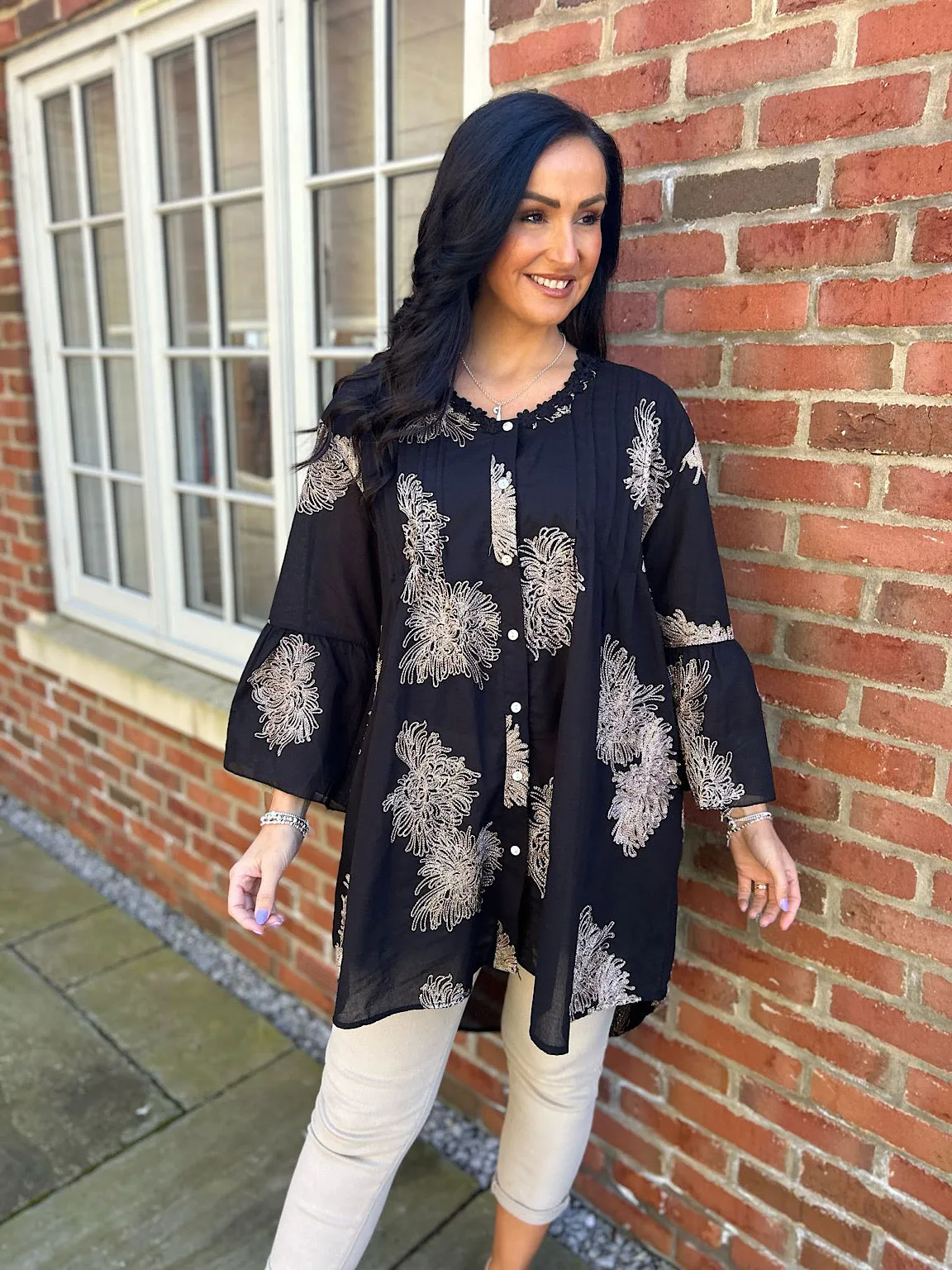 Black Gold Embroidered Shirt Dress Nora