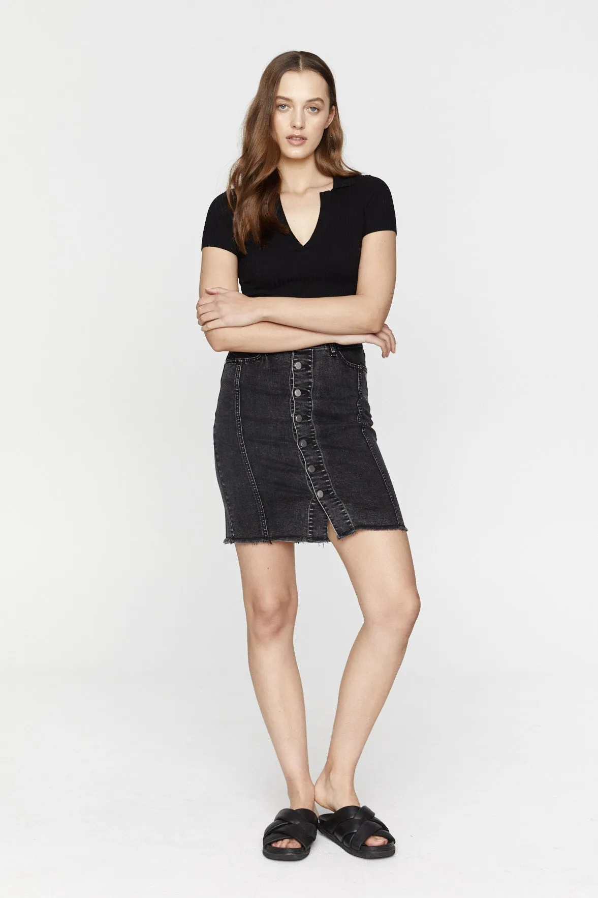 Blair Button Front Denim Skirt - Charcoal