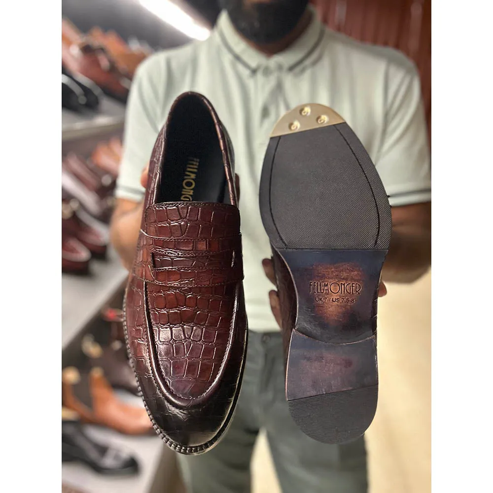 Brown Croco Mirror Glossed Penny Loafers   Metal Toe