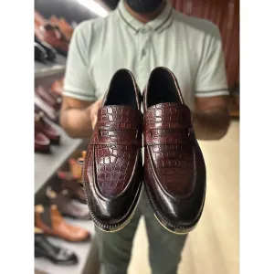 Brown Croco Mirror Glossed Penny Loafers   Metal Toe