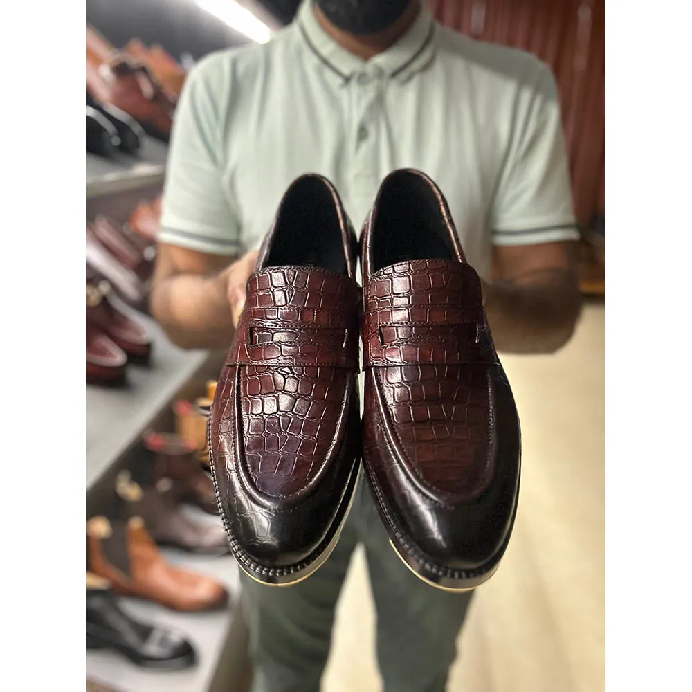 Brown Croco Mirror Glossed Penny Loafers   Metal Toe