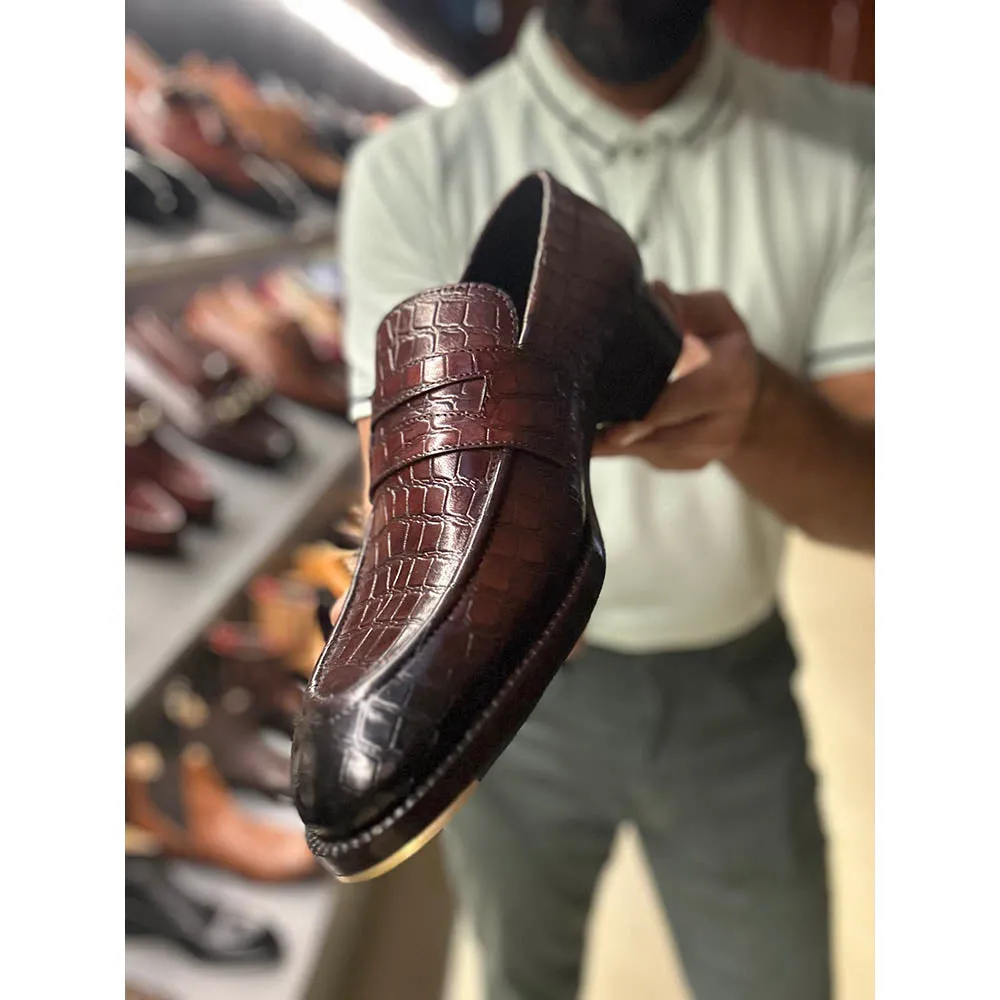 Brown Croco Mirror Glossed Penny Loafers   Metal Toe