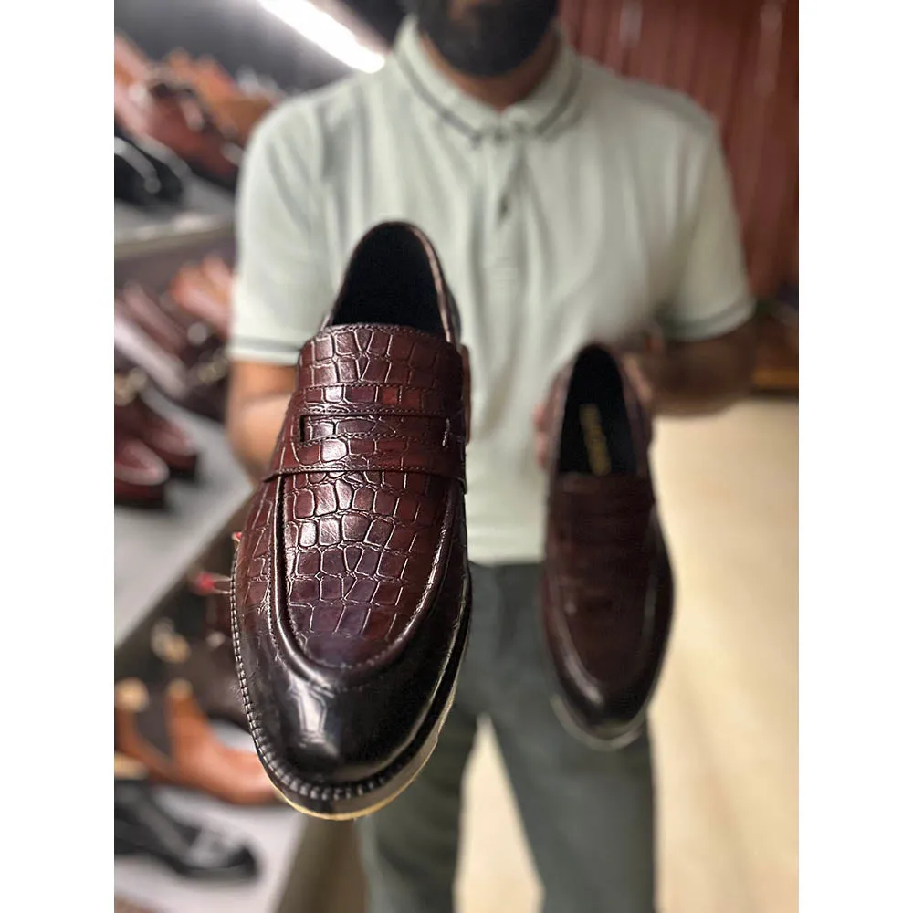Brown Croco Mirror Glossed Penny Loafers   Metal Toe