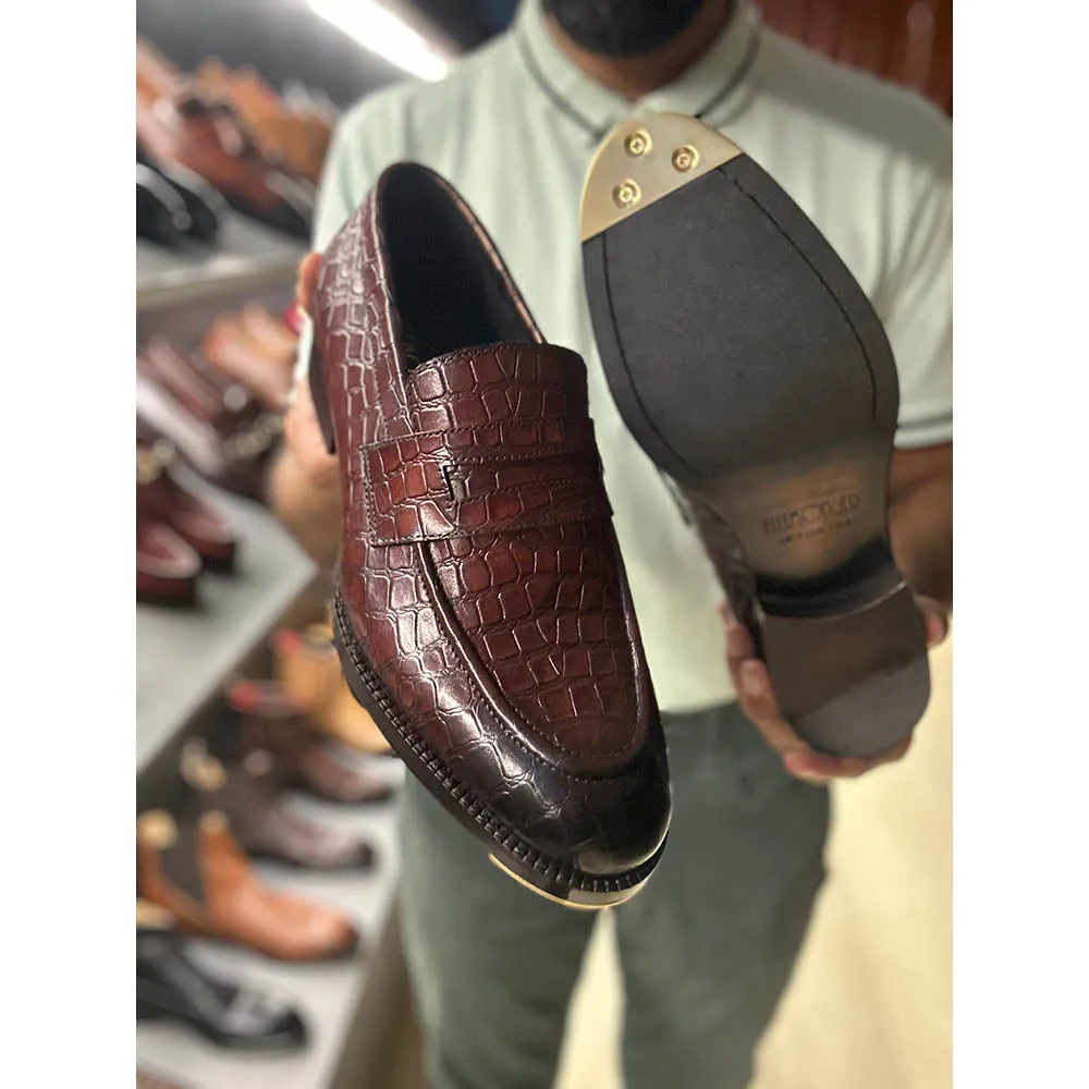 Brown Croco Mirror Glossed Penny Loafers   Metal Toe