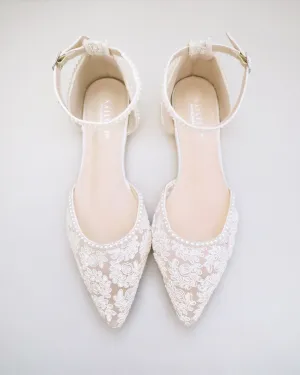 Crochet Lace Pointy Toe Flats with Mini Pearls