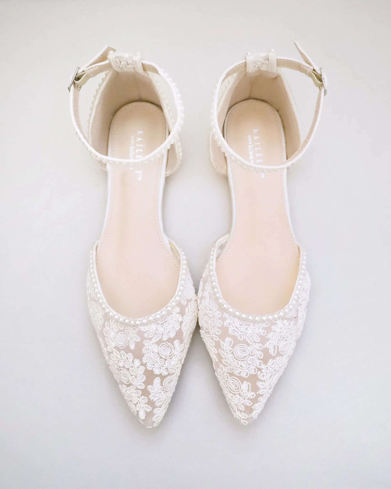 Crochet Lace Pointy Toe Flats with Mini Pearls