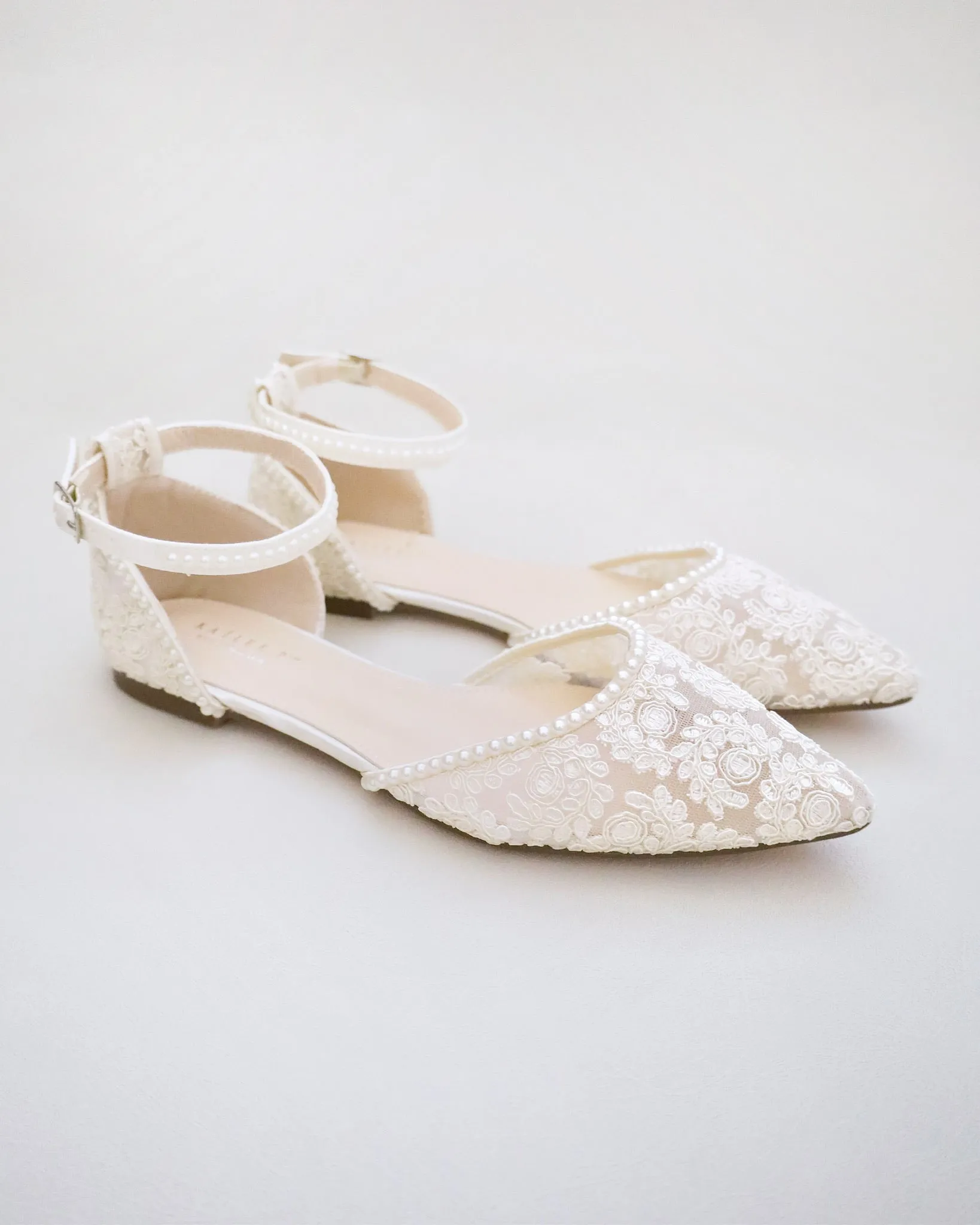 Crochet Lace Pointy Toe Flats with Mini Pearls
