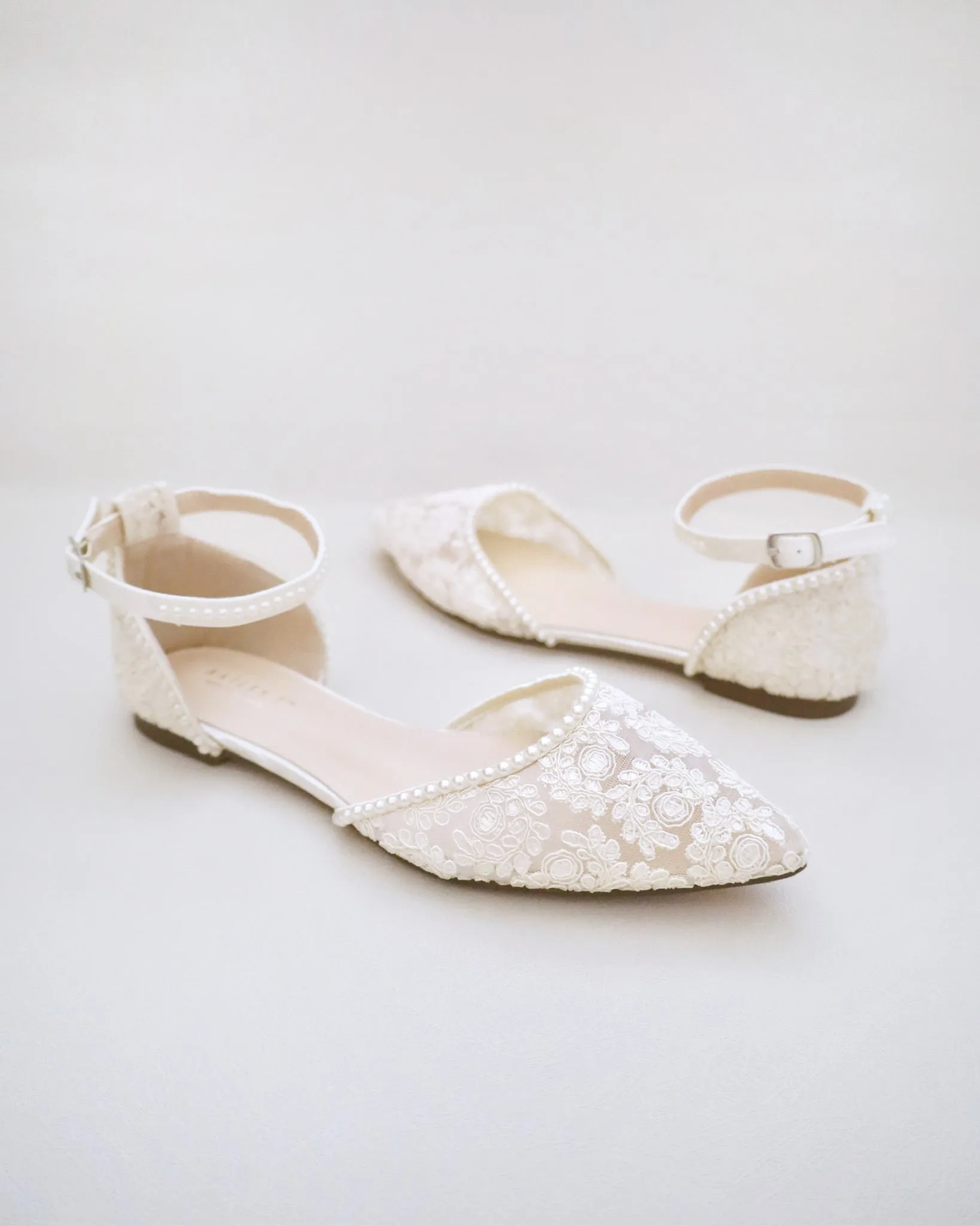 Crochet Lace Pointy Toe Flats with Mini Pearls