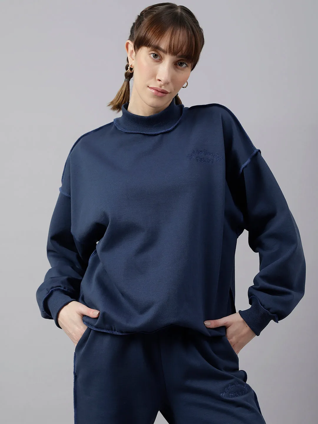 Fitkin Women Blue Crew Neck Oversized Designer Sweatshirt