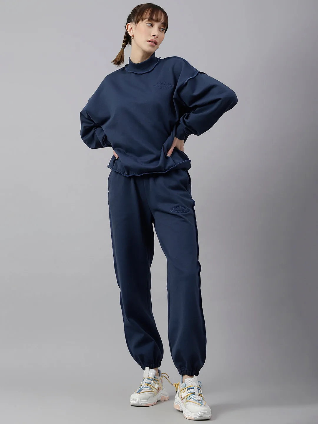 Fitkin Women Blue Crew Neck Oversized Designer Sweatshirt
