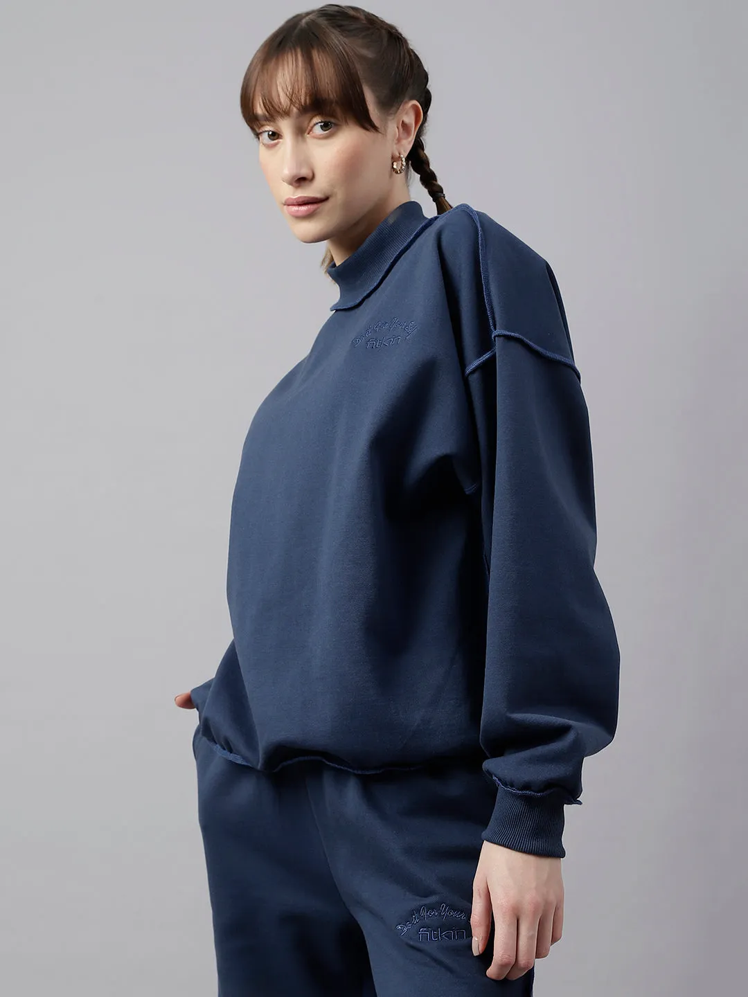 Fitkin Women Blue Crew Neck Oversized Designer Sweatshirt