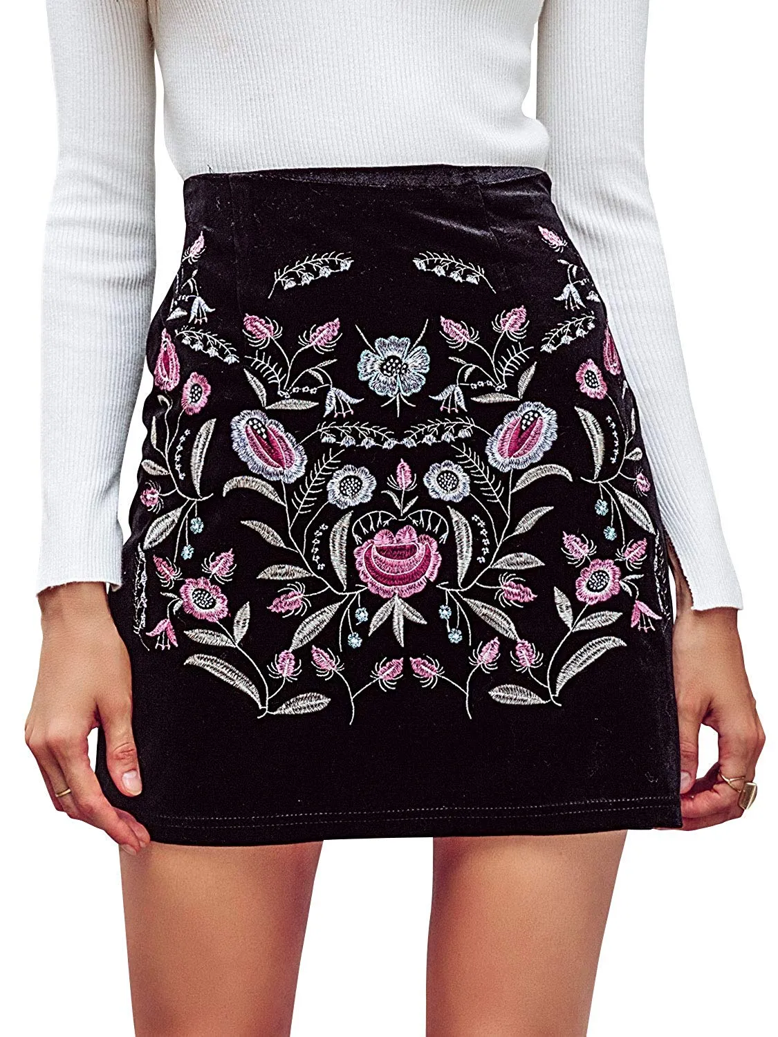 High Waist Embroidered Boho Floral Pencil Skirt