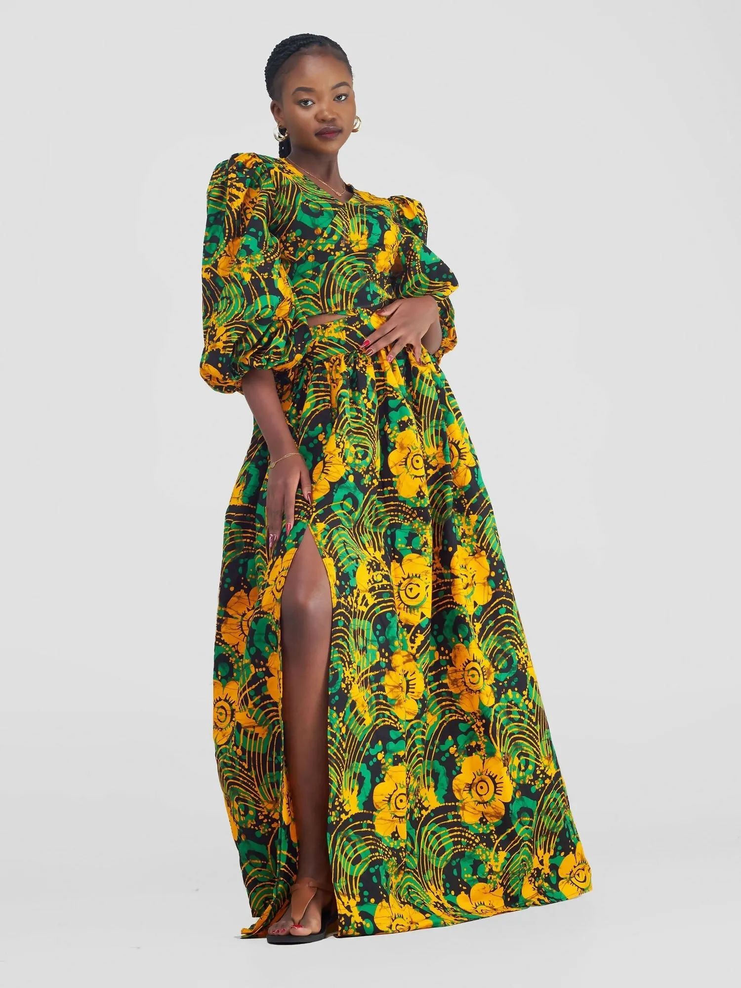 Lila African Print Skirt Set - Green / Yellow