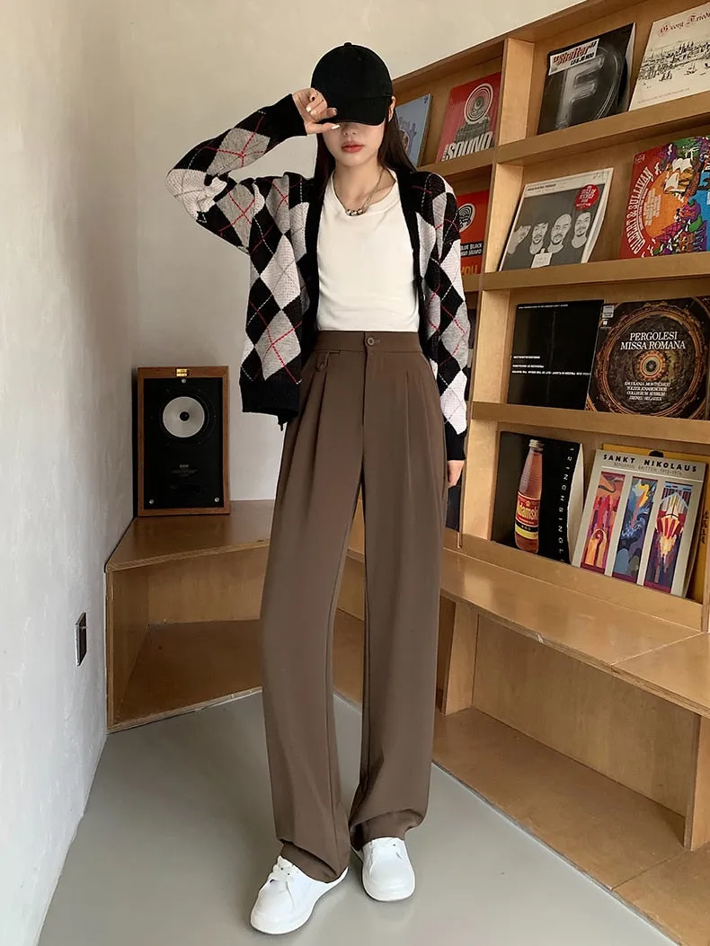 New Spring Autumn Casual High Waist Wide Leg Pants for Women Loose, Floor-Length White Suits Pants Ladies Long Trousers
