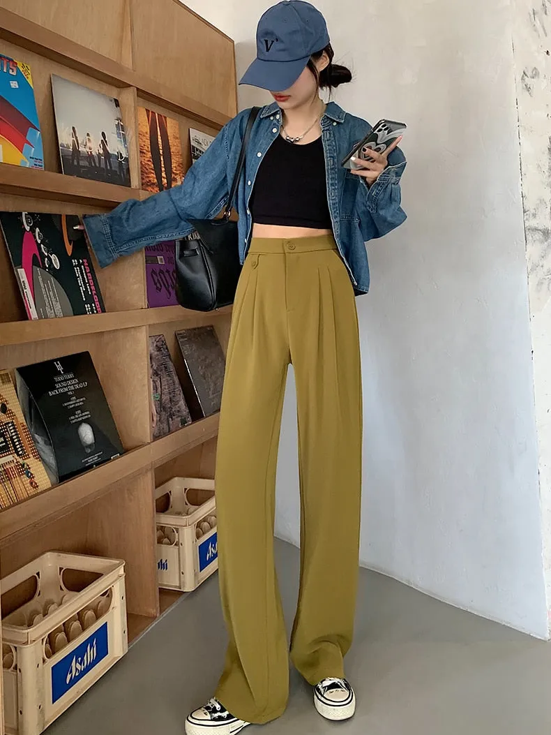 New Spring Autumn Casual High Waist Wide Leg Pants for Women Loose, Floor-Length White Suits Pants Ladies Long Trousers