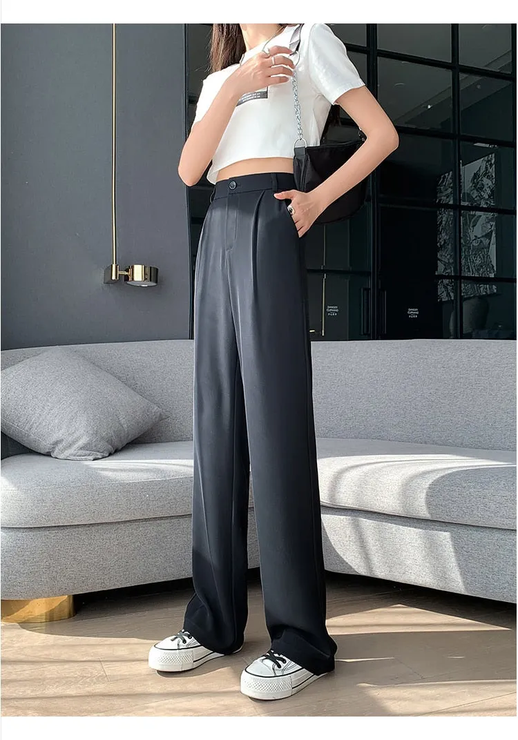 New Spring Autumn Casual High Waist Wide Leg Pants for Women Loose, Floor-Length White Suits Pants Ladies Long Trousers