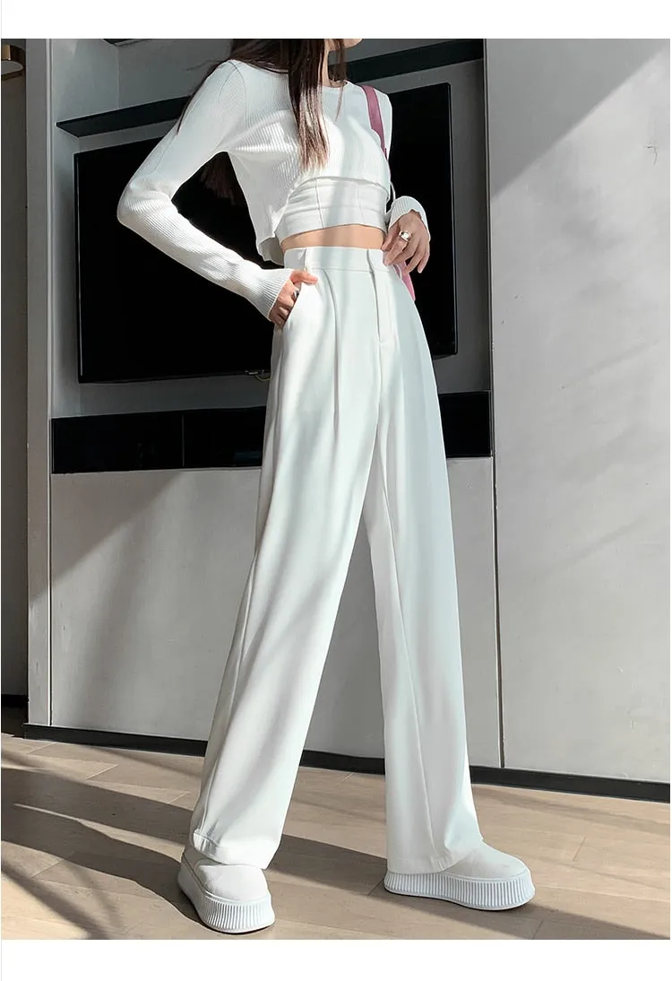 New Spring Autumn Casual High Waist Wide Leg Pants for Women Loose, Floor-Length White Suits Pants Ladies Long Trousers