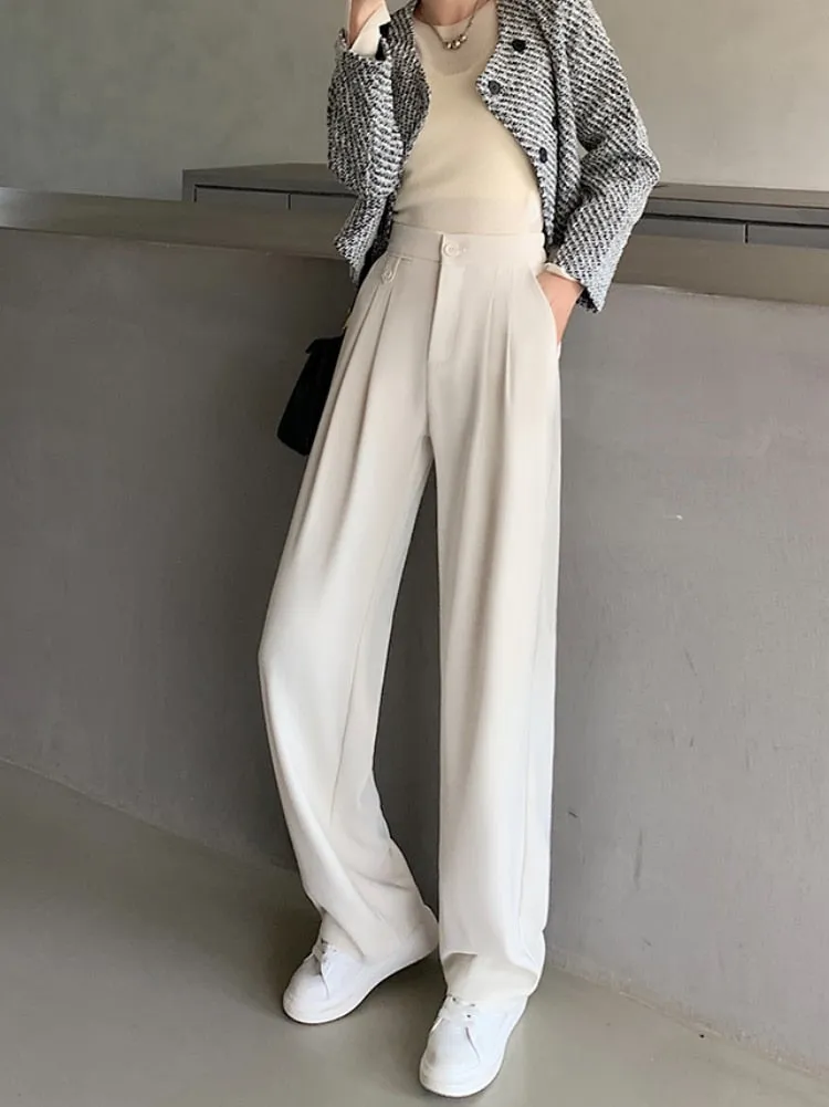 New Spring Autumn Casual High Waist Wide Leg Pants for Women Loose, Floor-Length White Suits Pants Ladies Long Trousers