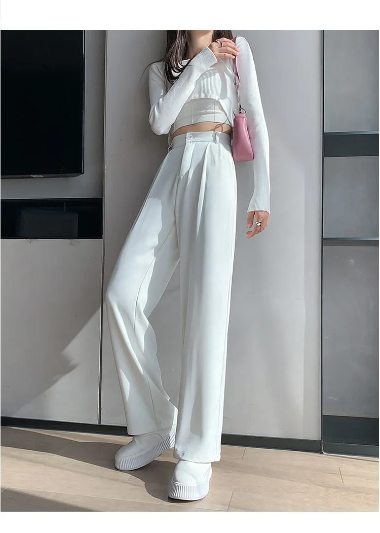 New Spring Autumn Casual High Waist Wide Leg Pants for Women Loose, Floor-Length White Suits Pants Ladies Long Trousers