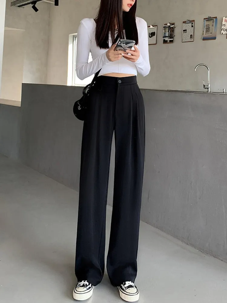 New Spring Autumn Casual High Waist Wide Leg Pants for Women Loose, Floor-Length White Suits Pants Ladies Long Trousers