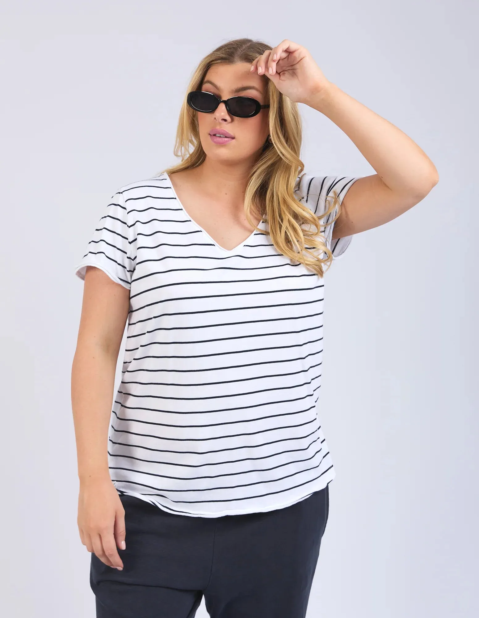 Pima V Tee - Stripe White/Navy (Plus Size)