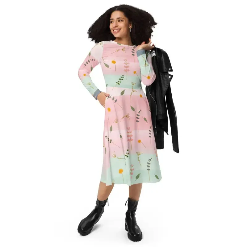 Pink and Green Floral Long Sleeve Midi Dress