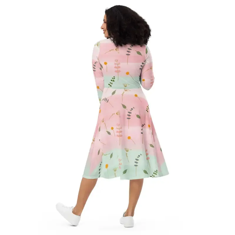 Pink and Green Floral Long Sleeve Midi Dress
