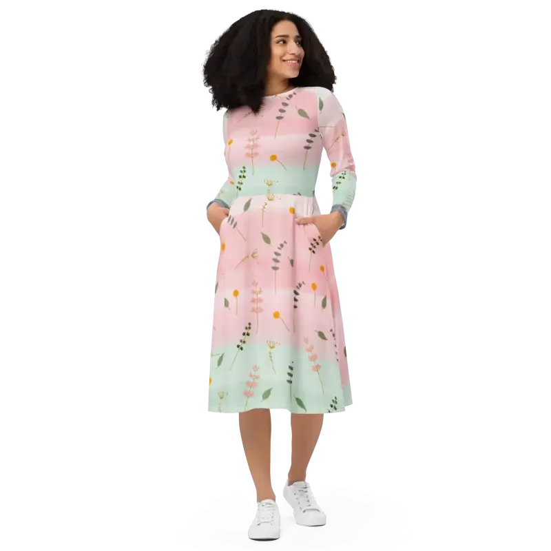 Pink and Green Floral Long Sleeve Midi Dress