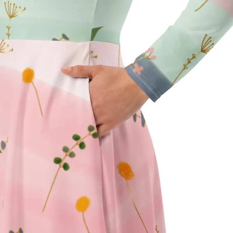 Pink and Green Floral Long Sleeve Midi Dress