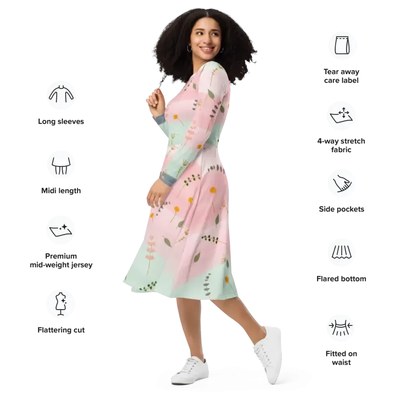 Pink and Green Floral Long Sleeve Midi Dress