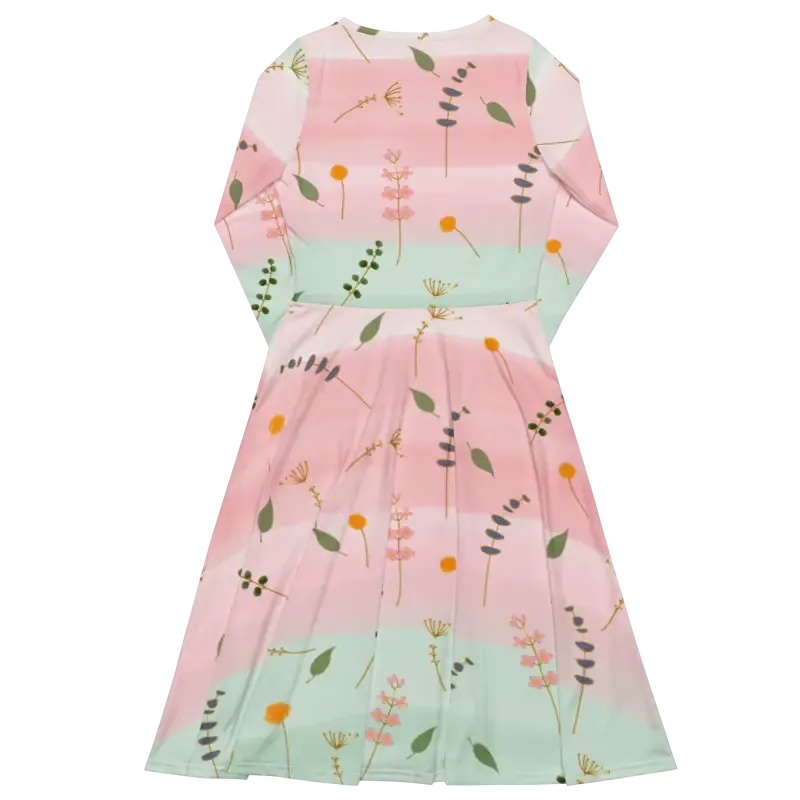 Pink and Green Floral Long Sleeve Midi Dress
