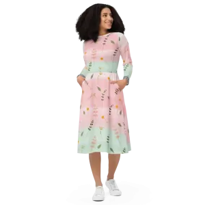 Pink and Green Floral Long Sleeve Midi Dress