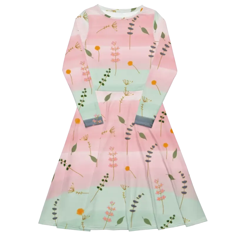 Pink and Green Floral Long Sleeve Midi Dress