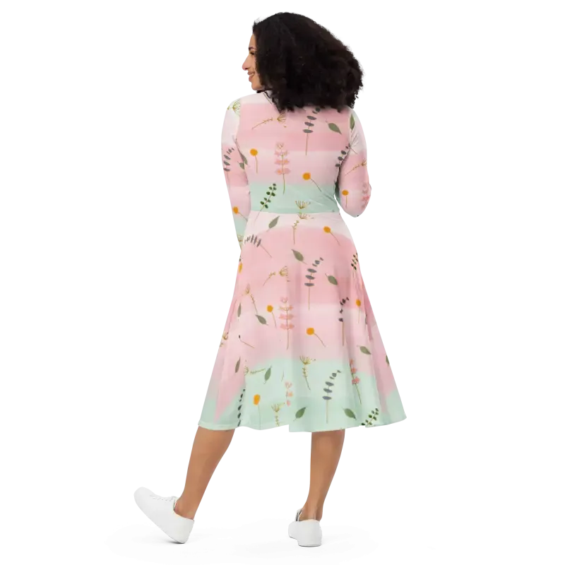 Pink and Green Floral Long Sleeve Midi Dress