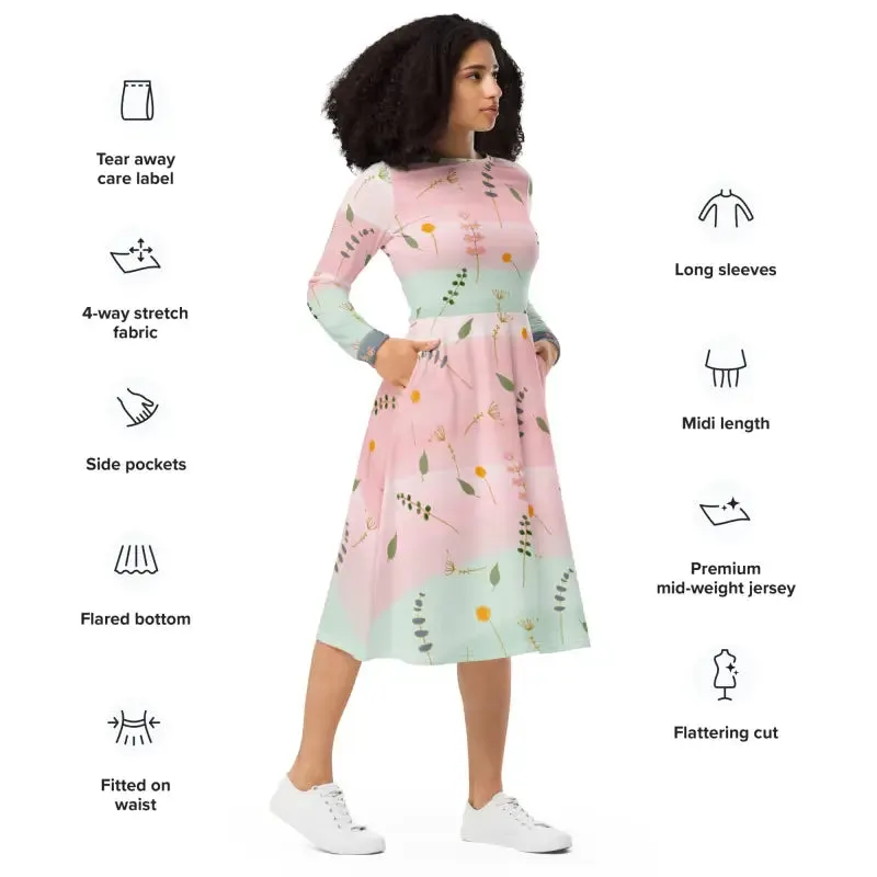Pink and Green Floral Long Sleeve Midi Dress