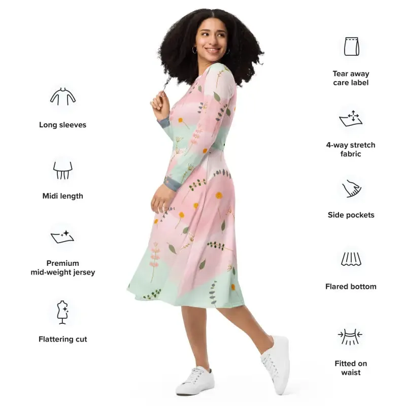 Pink and Green Floral Long Sleeve Midi Dress