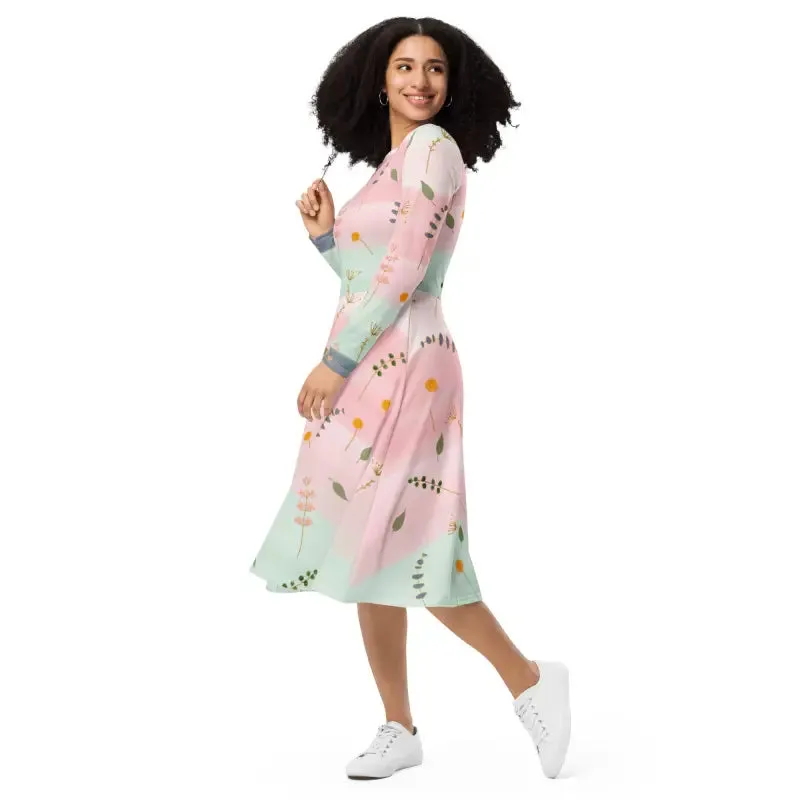 Pink and Green Floral Long Sleeve Midi Dress
