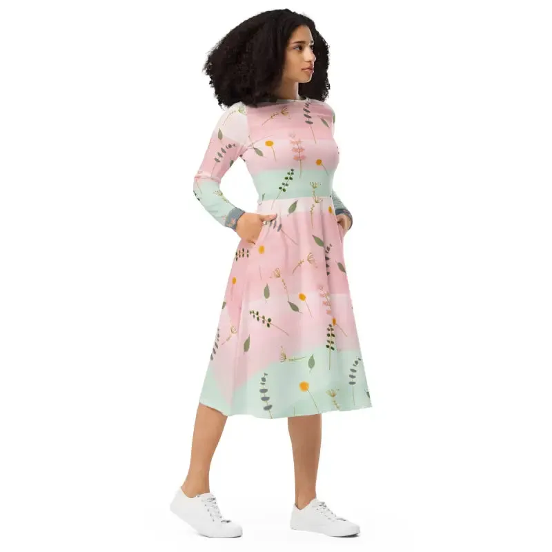 Pink and Green Floral Long Sleeve Midi Dress