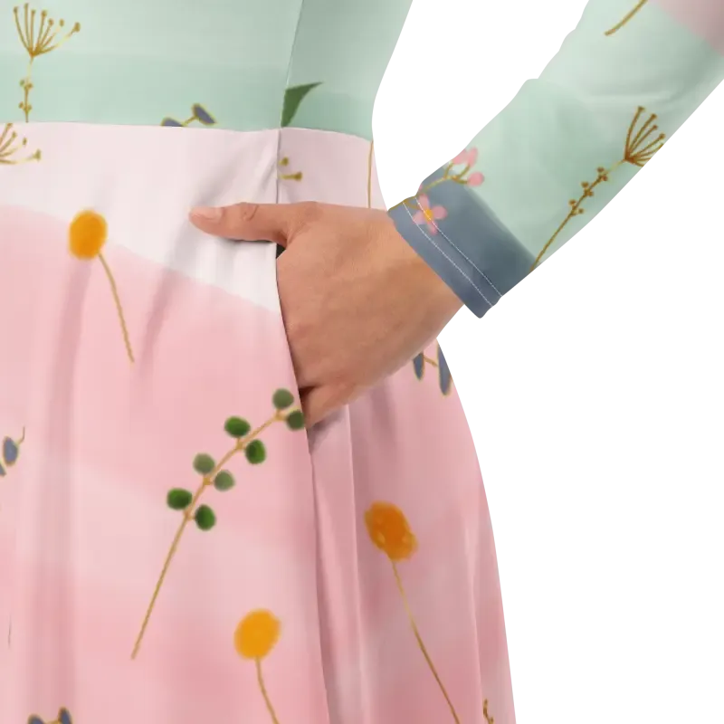 Pink and Green Floral Long Sleeve Midi Dress