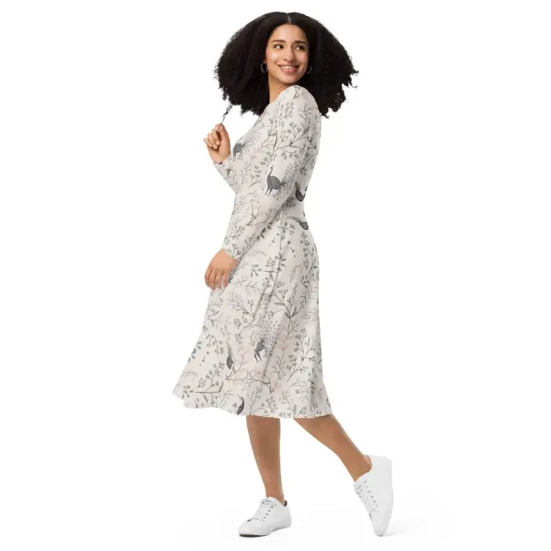 Purple Peacock Long Sleeve Midi Dress