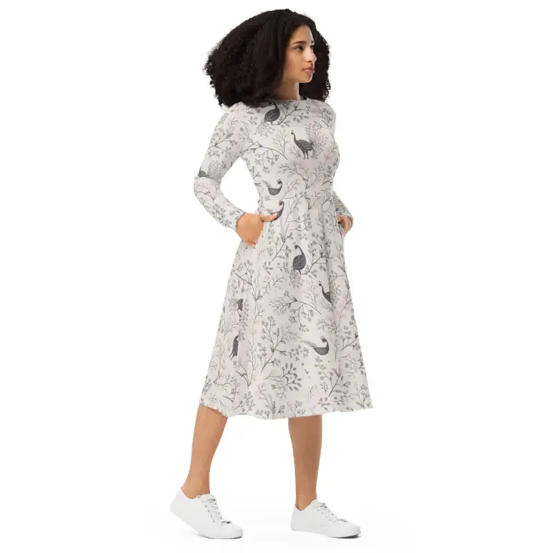 Purple Peacock Long Sleeve Midi Dress