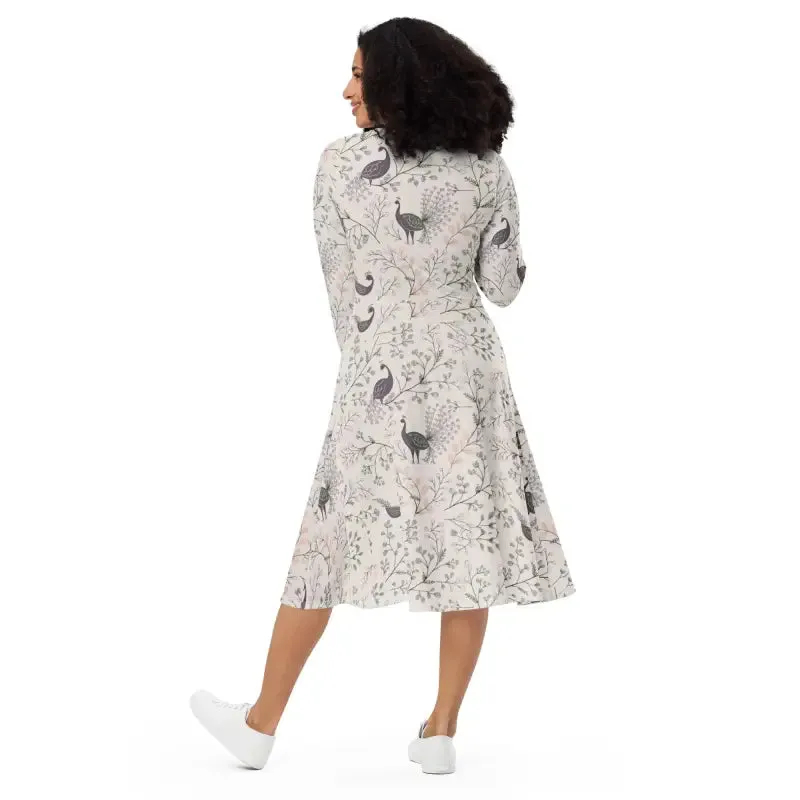 Purple Peacock Long Sleeve Midi Dress