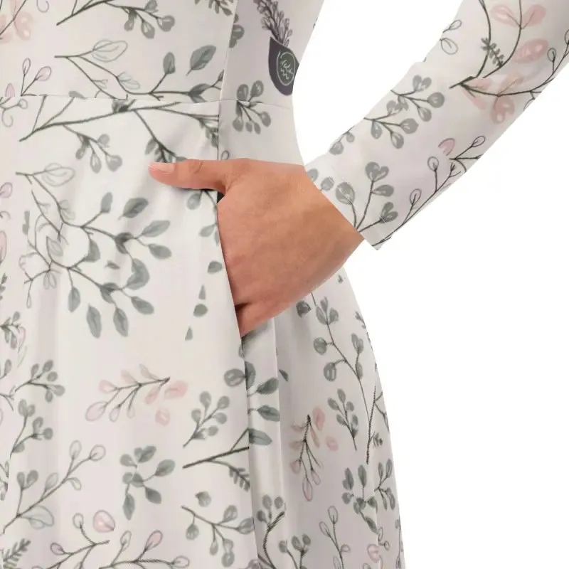Purple Peacock Long Sleeve Midi Dress