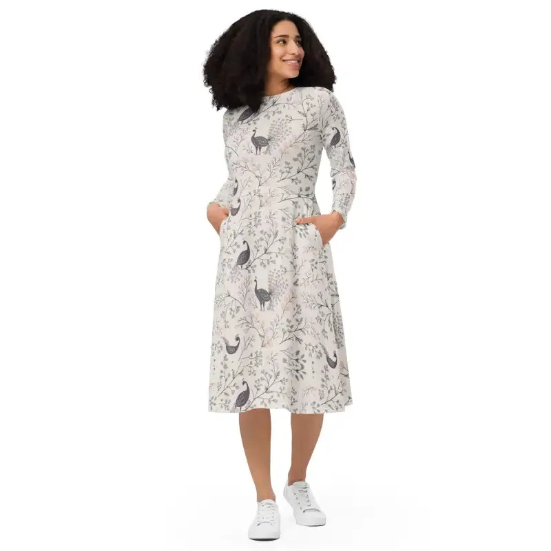 Purple Peacock Long Sleeve Midi Dress