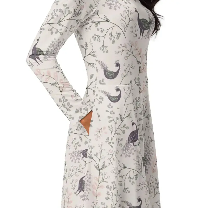 Purple Peacock Long Sleeve Midi Dress